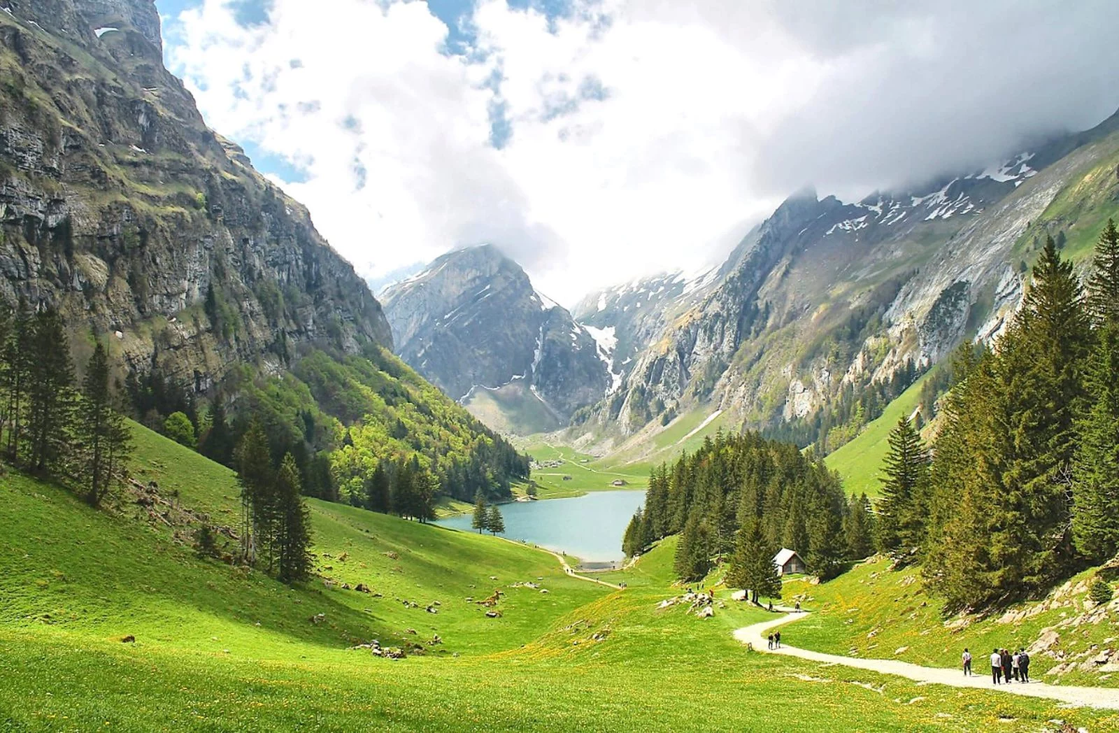 Escursionisti su un sentiero in un prato verde, verso un lago di montagna tra pareti di roccia e abeti
