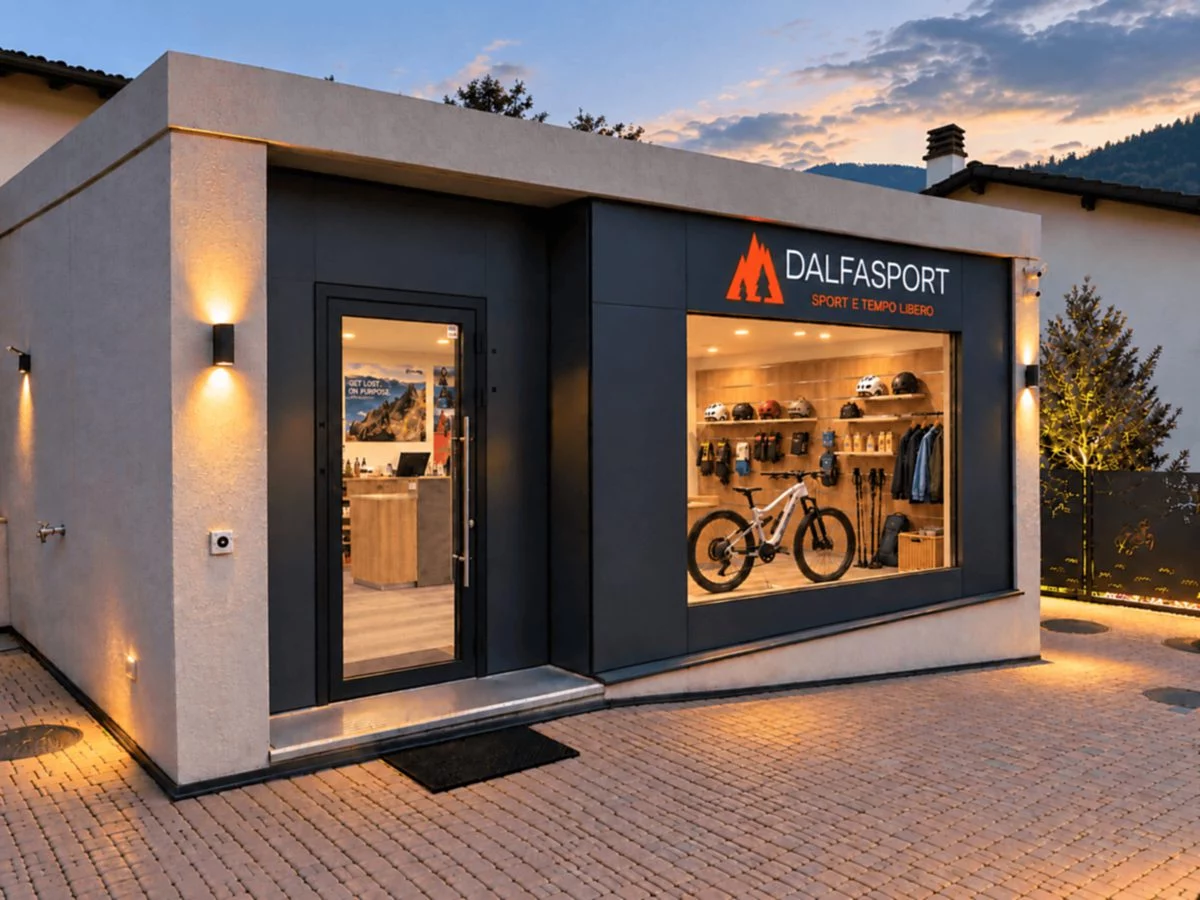 Il negozio Dalfasport all'imbrunire: l'insegna con il logo e la vetrina con una e-bike, caschi e giacche